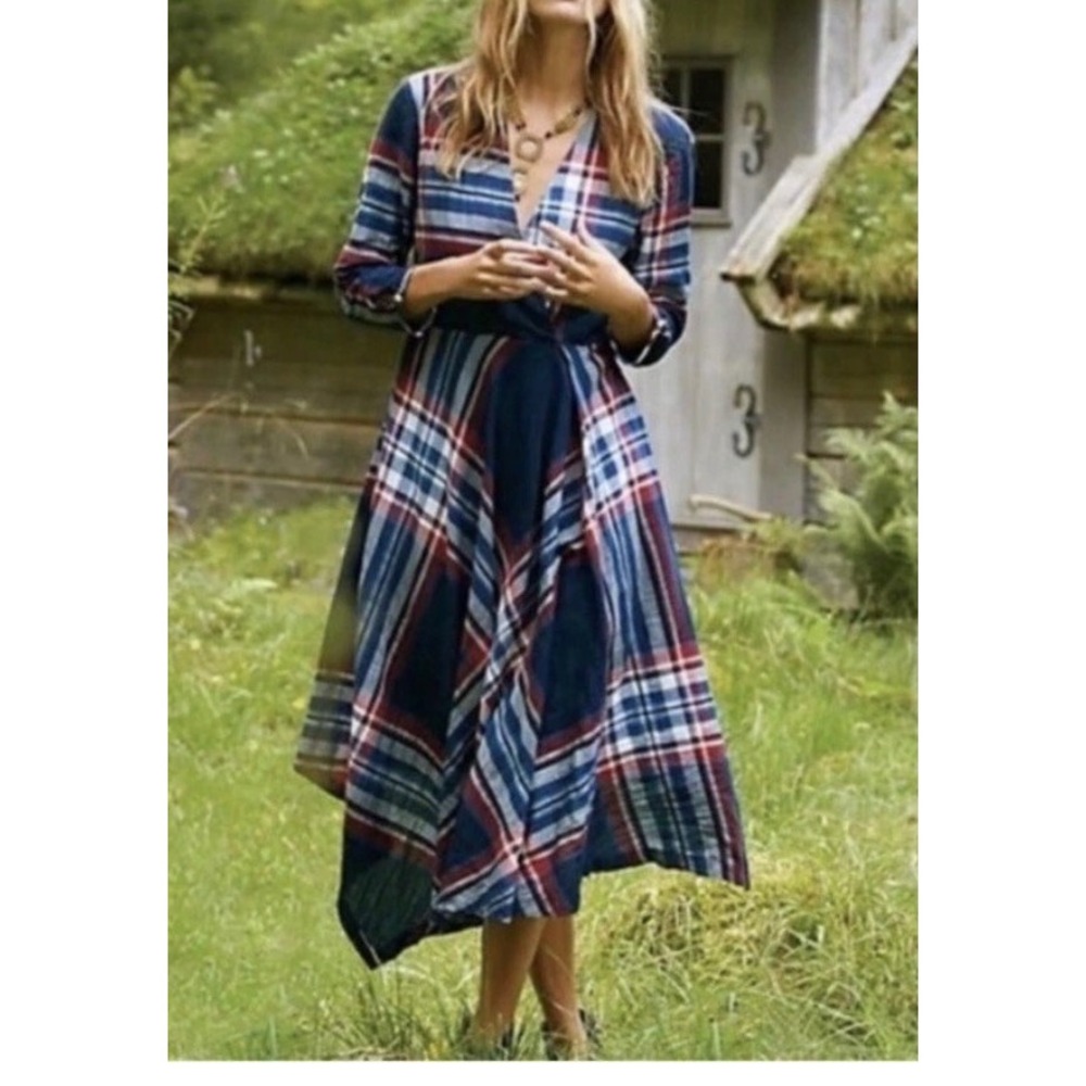 Isabella Sinclair Plaid Midi Dress sz S Navy Red Wrap Style Cottagecore Rustic